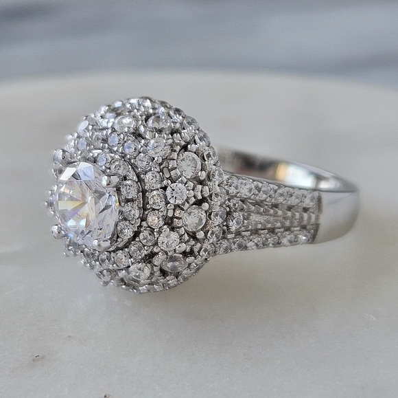 Vintage Style Victorian Double Halo Ring,  925 Sterling Silver - Picture 3 of 9